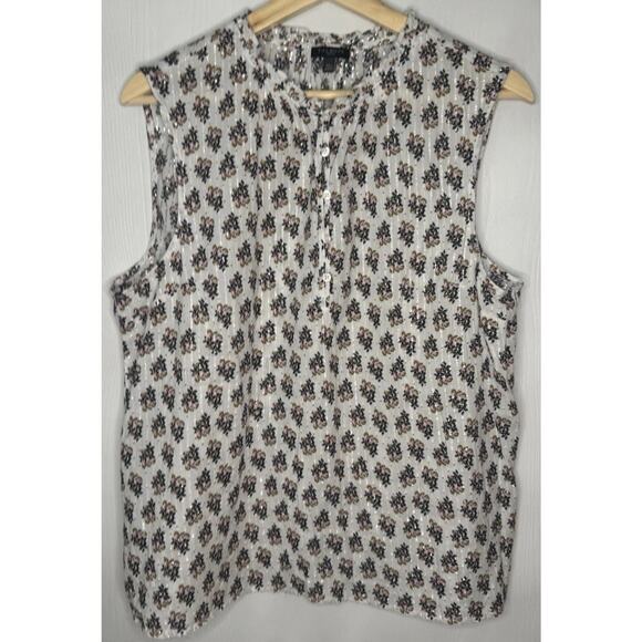 Talbots Ruffle High Neck Sleeveless Floral Silver Metallic Blouse Women Size PXL - Picture 1 of 7